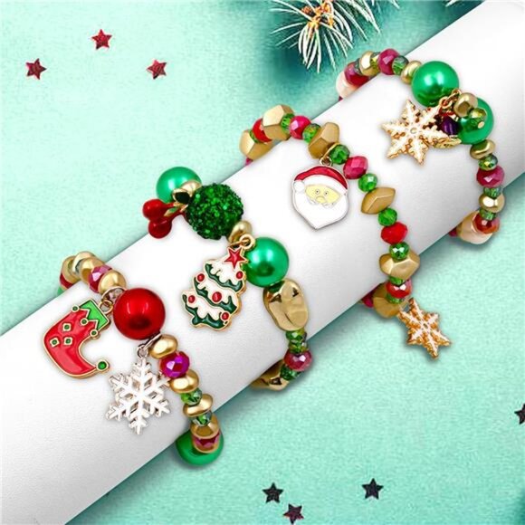 4 PCS Christmas Bracelet Set Santa Claus Snowflake Christmas Tree Beaded Stretch - Picture 1 of 8